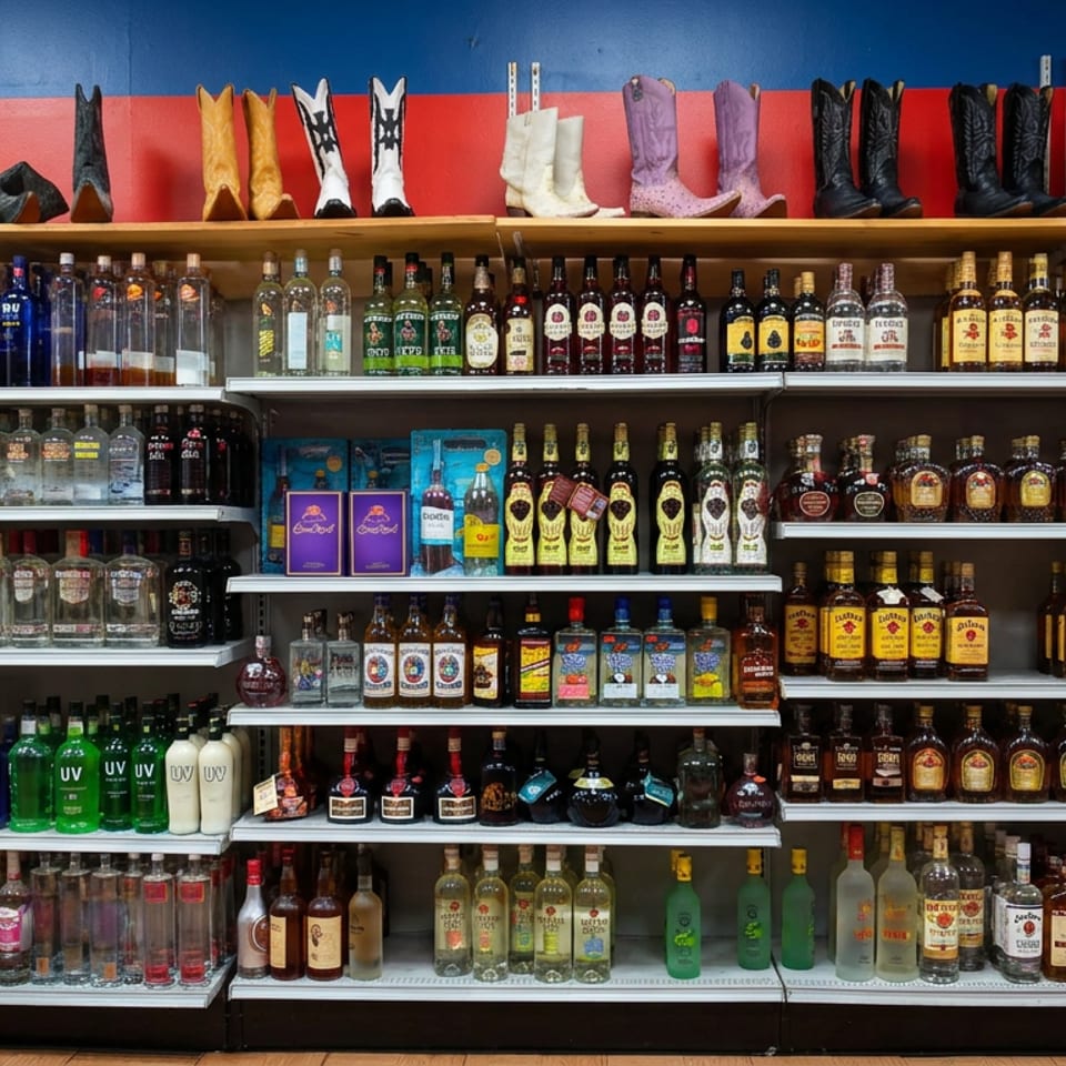 Shelves display numerous liquor bottles beneath a row of colorful cowboy boots against a blue and red wall.