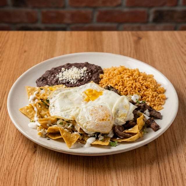 Chilaquiles with Egg & Fajita.